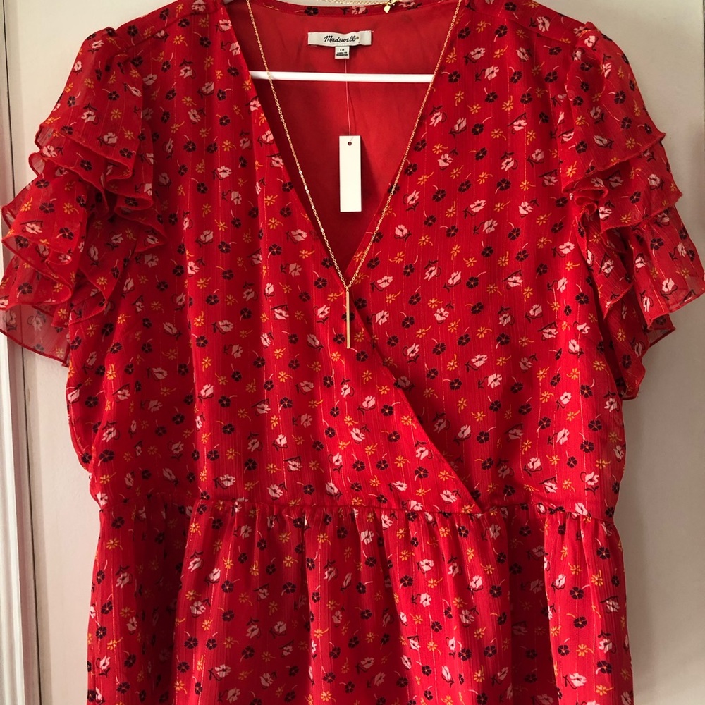 Red top with gold and floral print